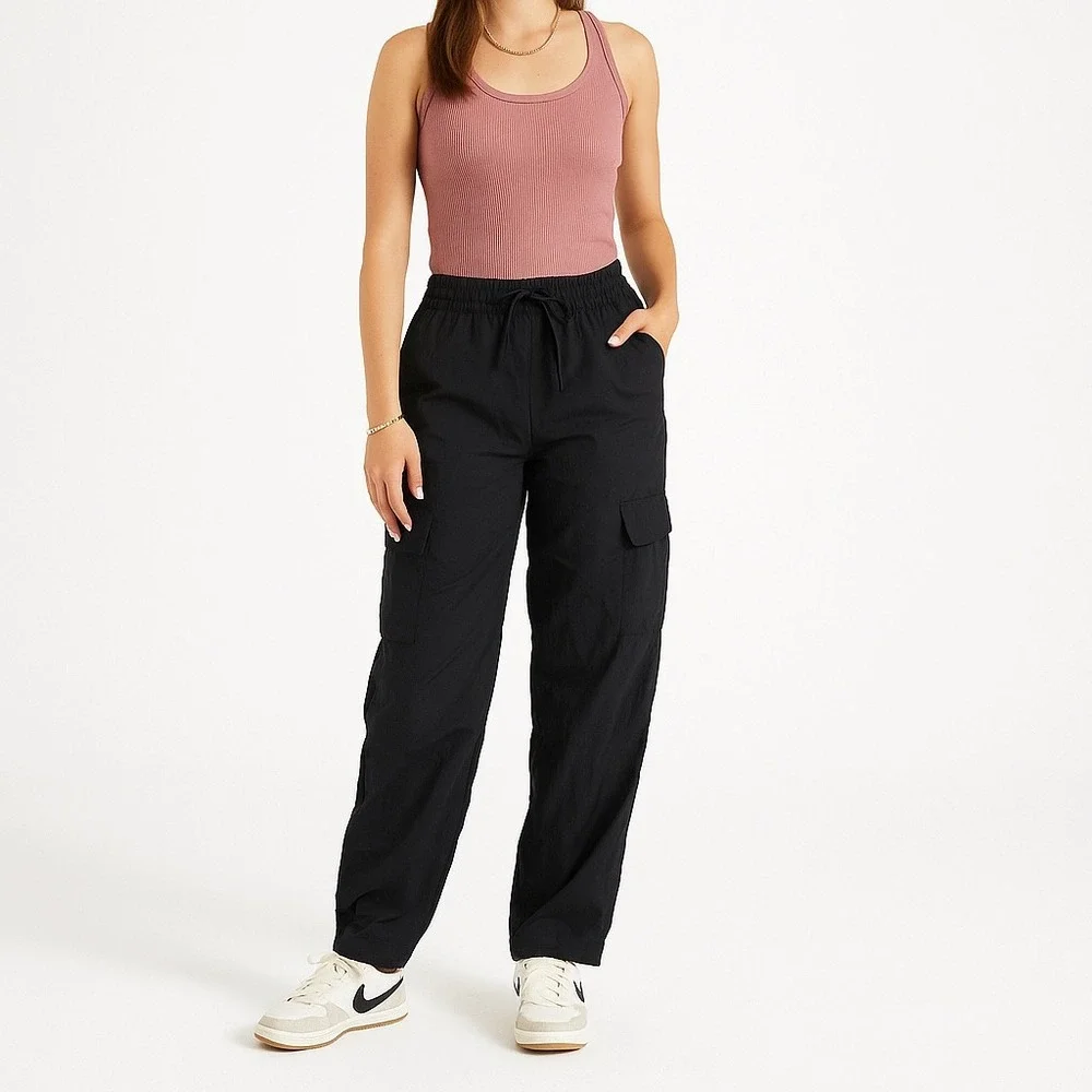 No Boundaries Black Nylon Cargo Pants Drawstring Size M NOBO Gorpcore Y2K Womens